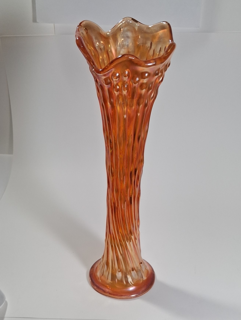 Vintage Swung Vase Carnival Glass Iridescent Marigold Tree Bark Circa